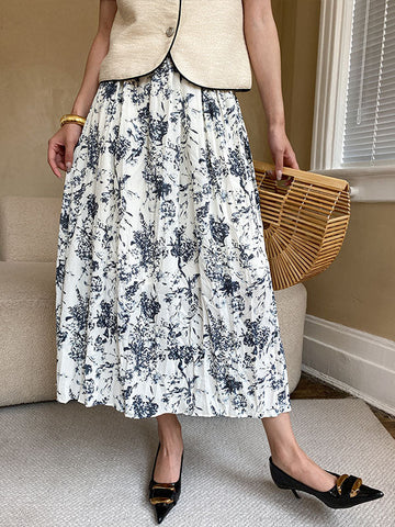 Woochic Jupe Longue Plissée Fleurie À Taille Élastique
